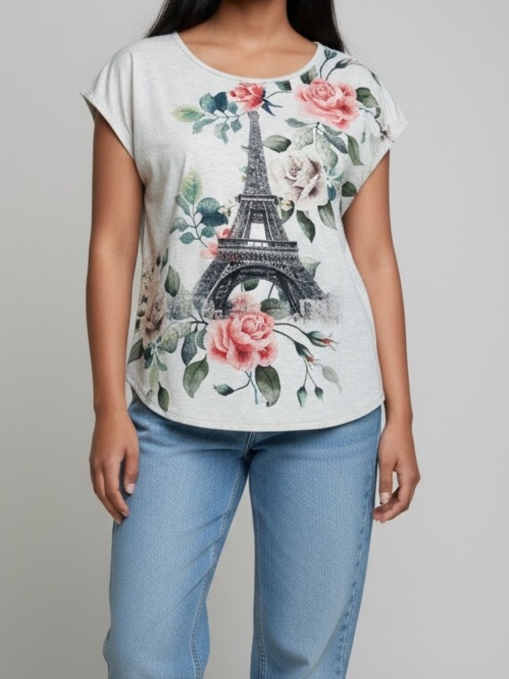 SJS Women’s Beige Boat Neck Cotton Graphic Tee Floral Eiffel Tower Paris Size M